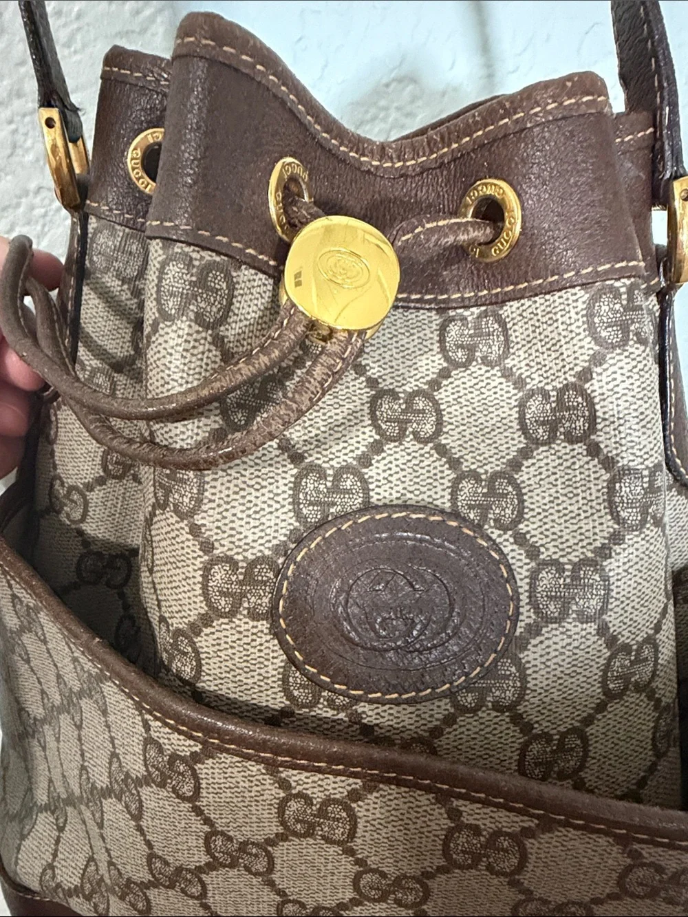 Authentic  GUCCI Brown & Cream GG Supreme Monogram Drawstring Shoulder Bag Purse - Picture 2 of 13